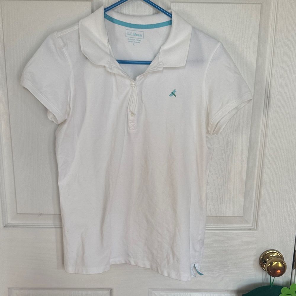 L.L. Bean White Polo with Teal Logo